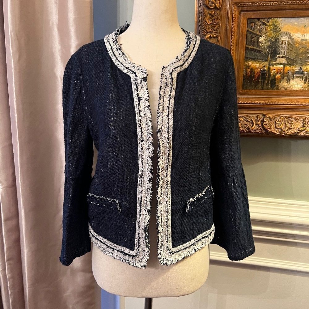 EUC Women's Elie Tahari Navy White Linen Blend Woven Fringe Jacket Size SMALL